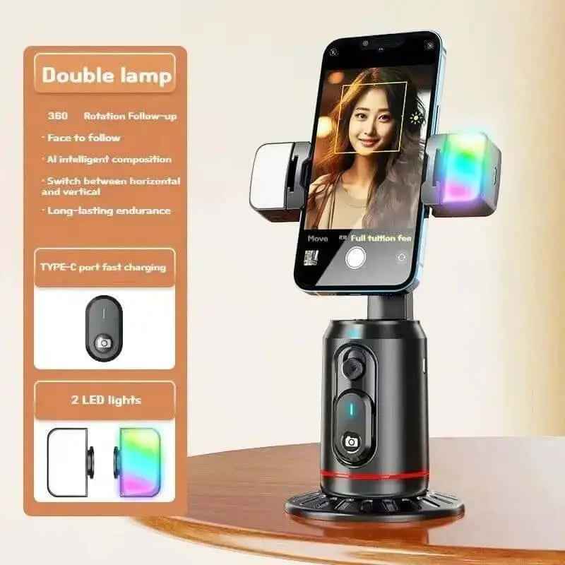360° Rotation Gimbal Stabilizer Tripod Selfie Stick Desktop Face Tracking with Bluetooth Remote Shutter Light Holder